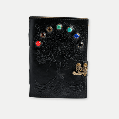 Jurnal Vintage Negru cu Arborele Vietii si 7 Pietre Chakre - Handmade, Piele Naturala