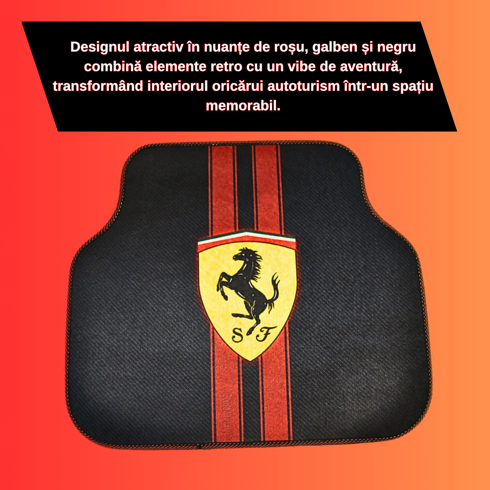 Covorașe auto universale DECOMAT – set 4 bucăți lavabile, antiderapante, cu imprimeu sport „Scuderia Style”