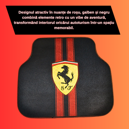 Covorașe auto universale DECOMAT – set 4 bucăți lavabile, antiderapante, cu imprimeu sport „Scuderia Style”