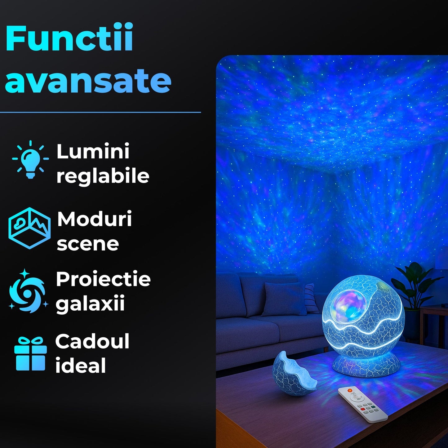 Lampa de Noapte tip Proiector Galaxie Timebox,  Sunete Albe, Alb