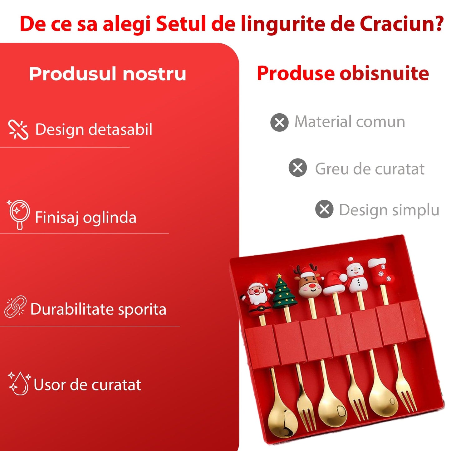 Set 6 Lingurite si Furculite Inox Craciun, Modele Festive cu Ren, Brad