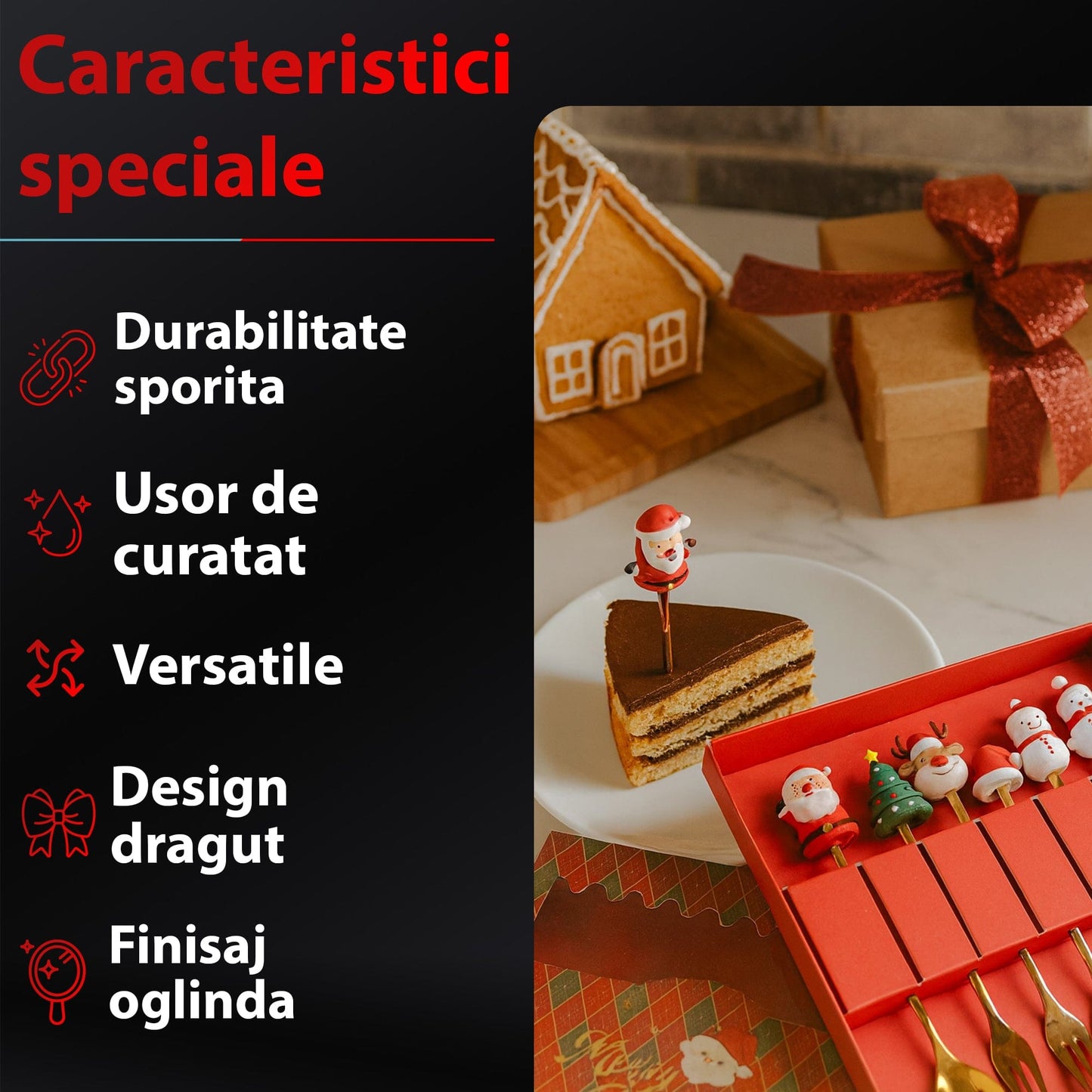 Set 6 Lingurite si Furculite Inox Craciun, Modele Festive cu Ren, Brad