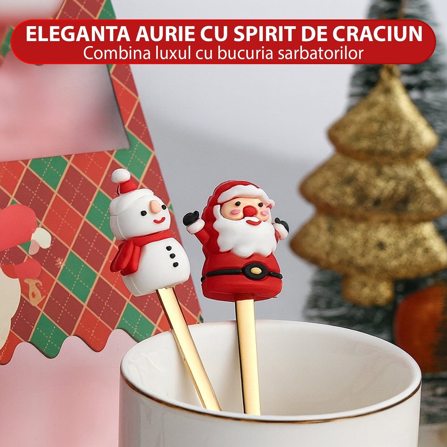 Set 6 Lingurite si Furculite Inox Craciun, Modele Festive cu Ren, Brad