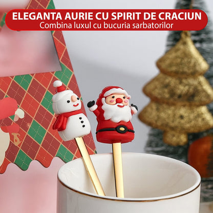 Set 6 Lingurite si Furculite Inox Craciun, Modele Festive cu Ren, Brad