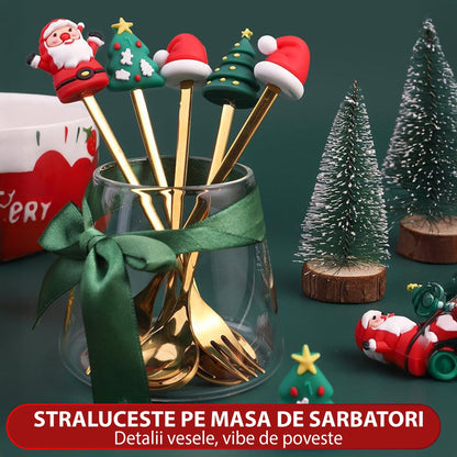 Set 6 Lingurite si Furculite Inox Craciun, Modele Festive cu Ren, Brad