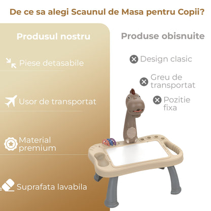 Masa interactiva de desen pentru copii cu model dinozaur, Alb