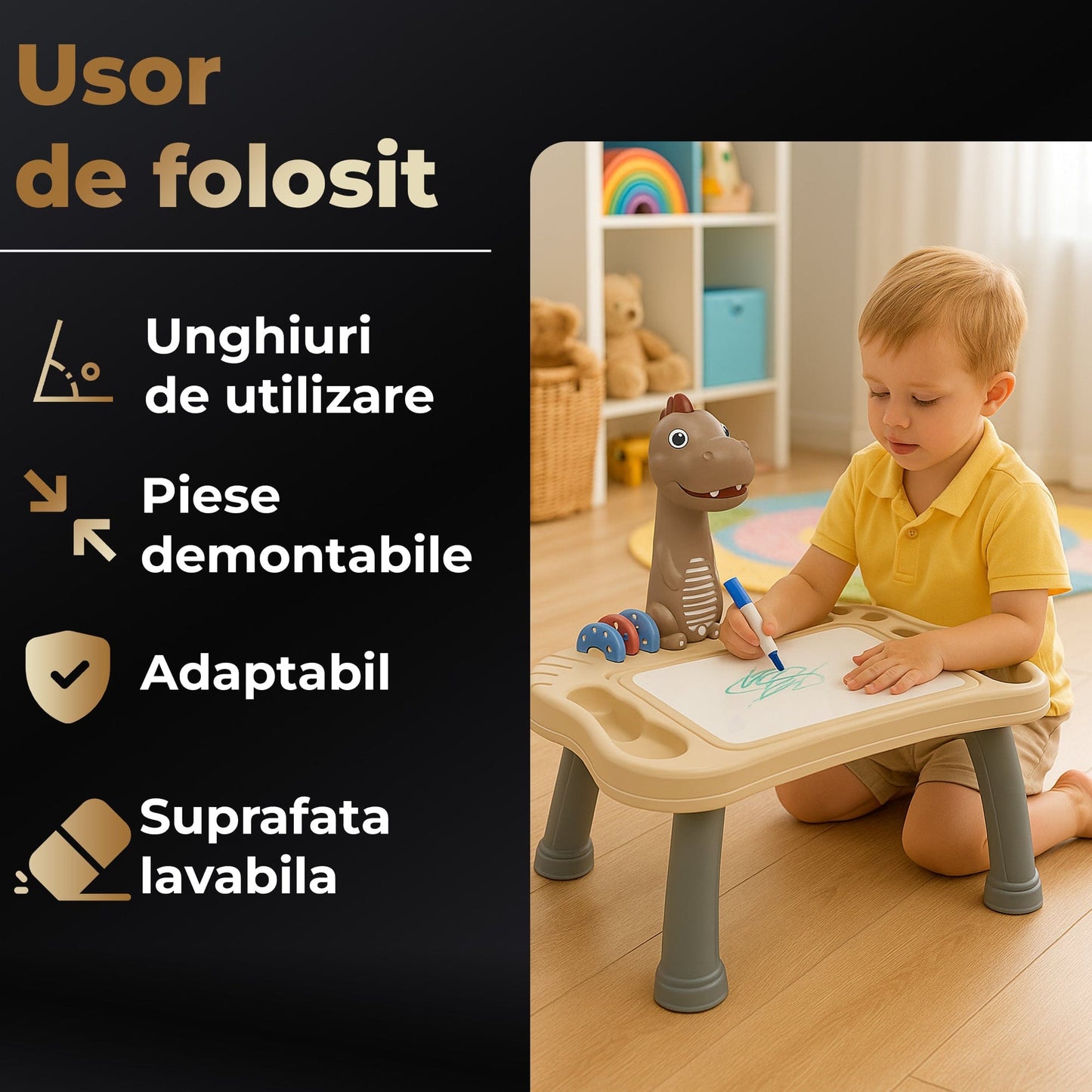 Masa interactiva de desen pentru copii cu model dinozaur, Alb