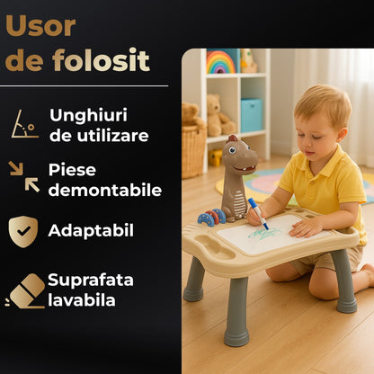 Masa interactiva de desen pentru copii cu model dinozaur, Alb