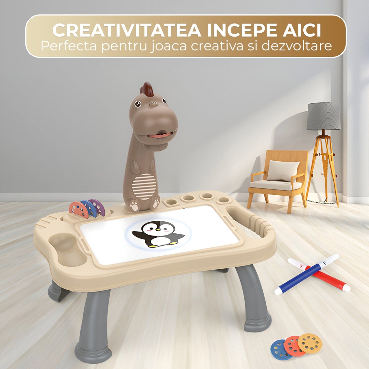 Masa interactiva de desen pentru copii cu model dinozaur, Alb