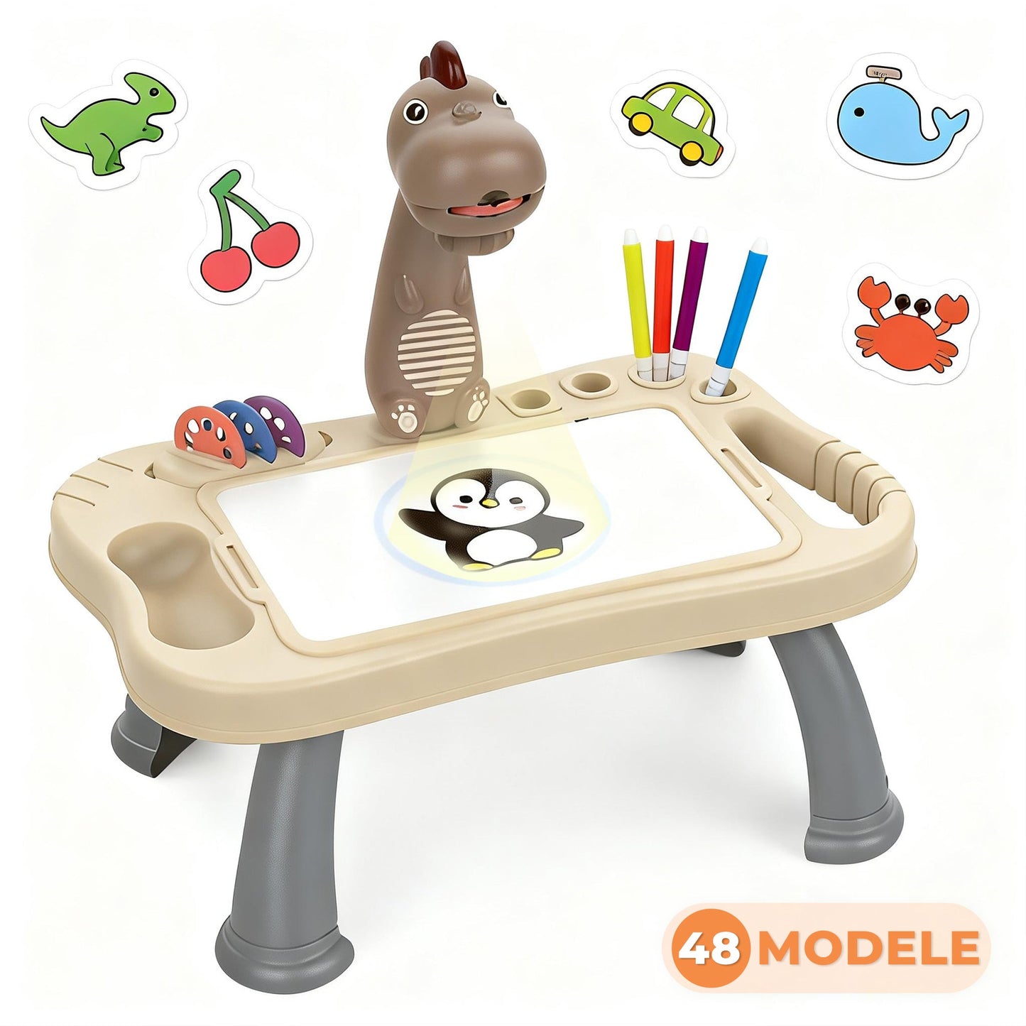 Masa interactiva de desen pentru copii cu model dinozaur, Alb