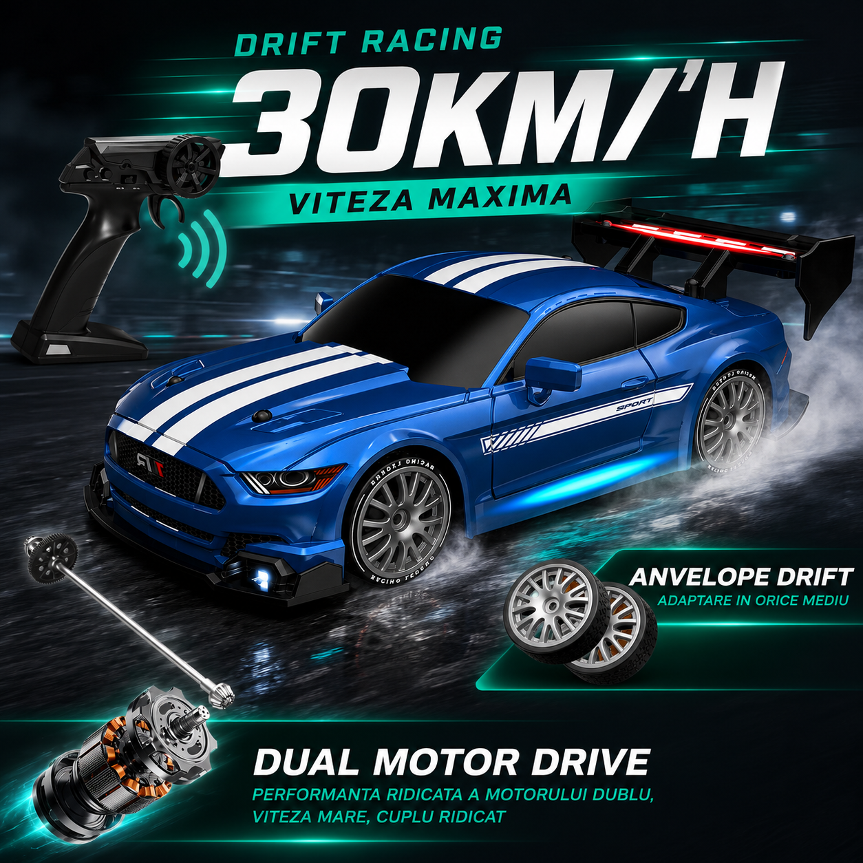 Masina cu telecomanda RC Timebox, 30km/h, 1:24, 4x4, Drift car, Albastru
