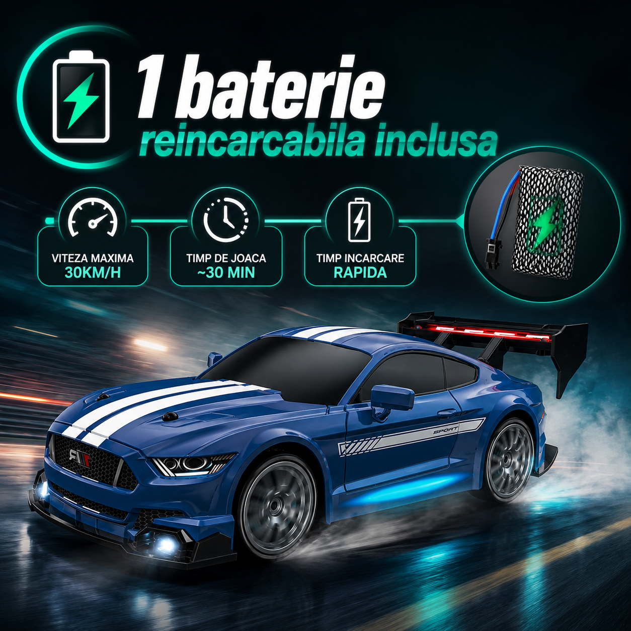 Masina cu telecomanda RC Timebox, 30km/h, 1:24, 4x4, Drift car, Albastru