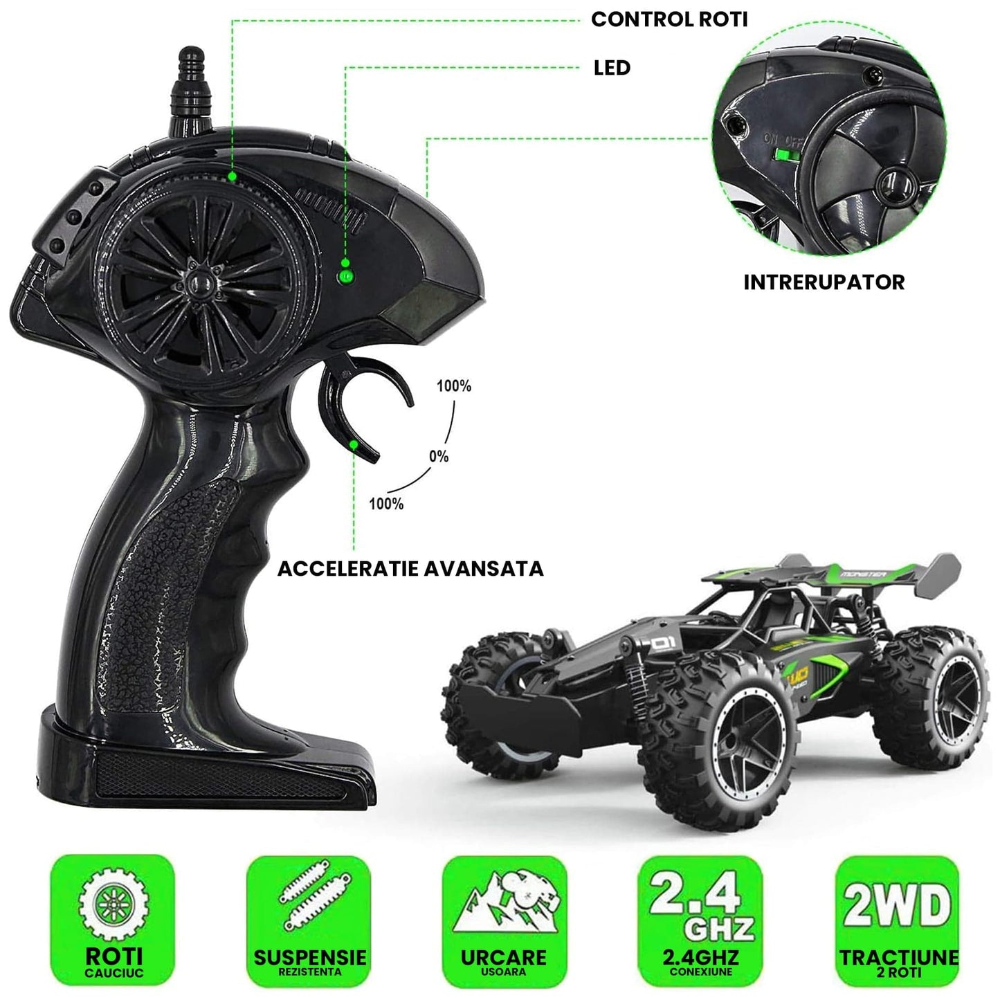 Masina cu telecomanda Monster RC Truck Timebox, 25km/h, 1:18, 2WD, Negru/Verde