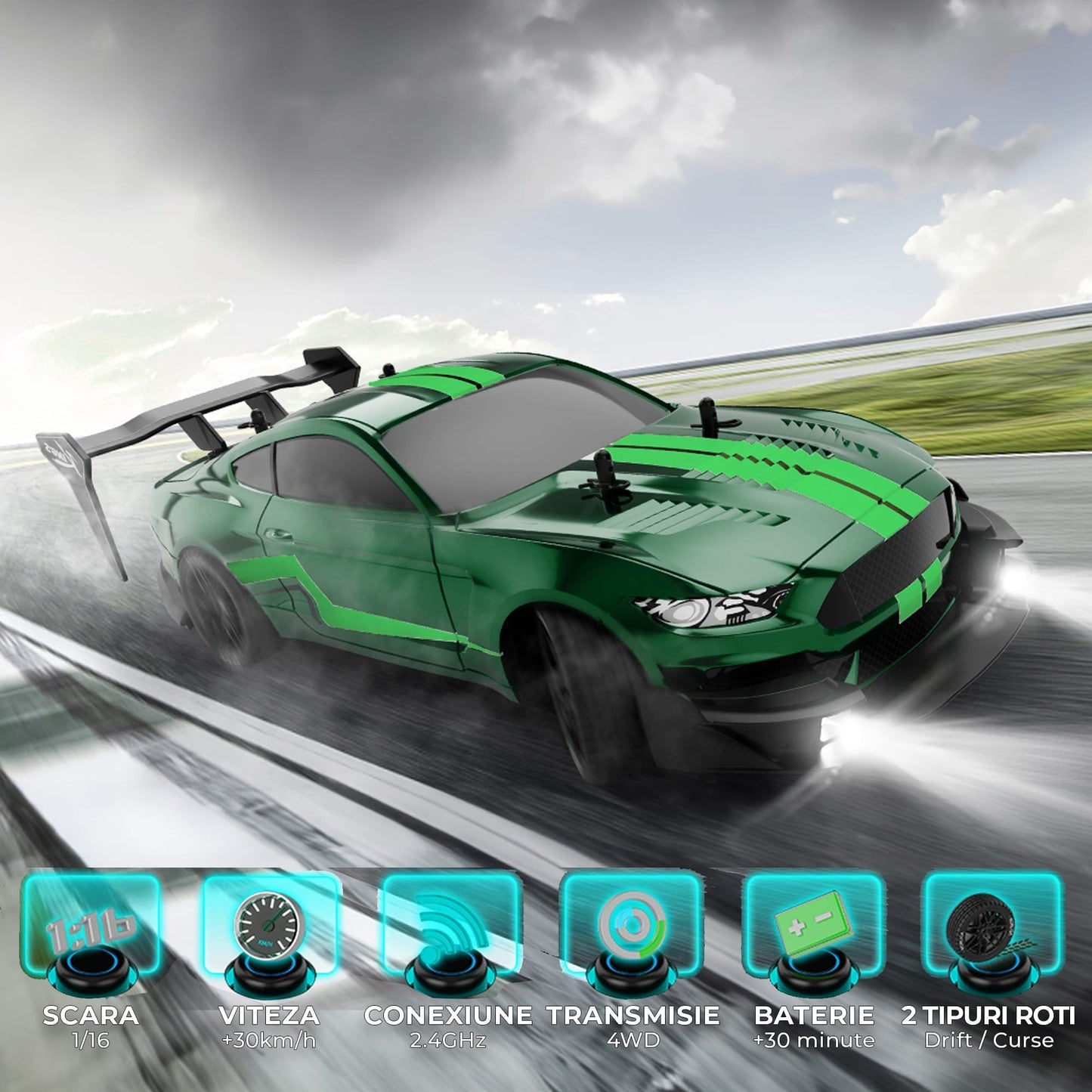 Masina cu telecomanda RC Timebox, 30km/h, 1:16, 4x4, Drift car, Verde