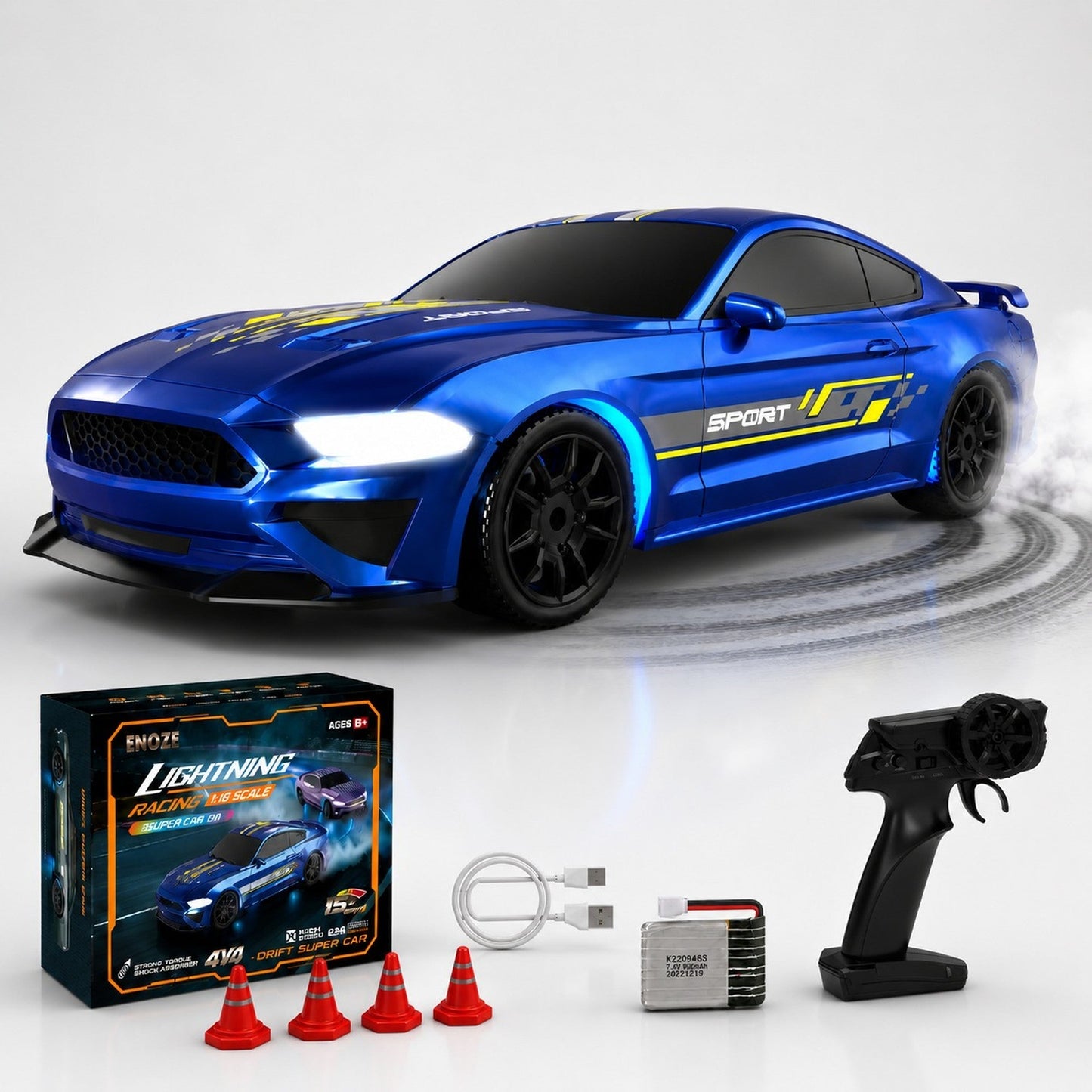Masina RC Drift 1:43 cu Tractiune Integrala, 4 GHZ, Efecte Luminoase, Albastru