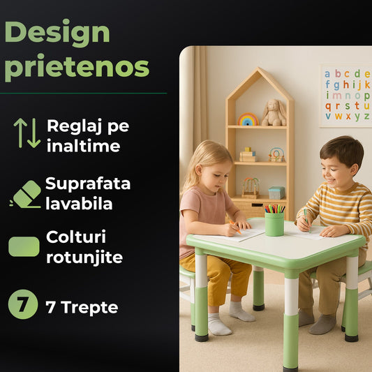 Set Masa si 2 Scaune Reglabile pentru Copii, Desen si Invatare, Verde