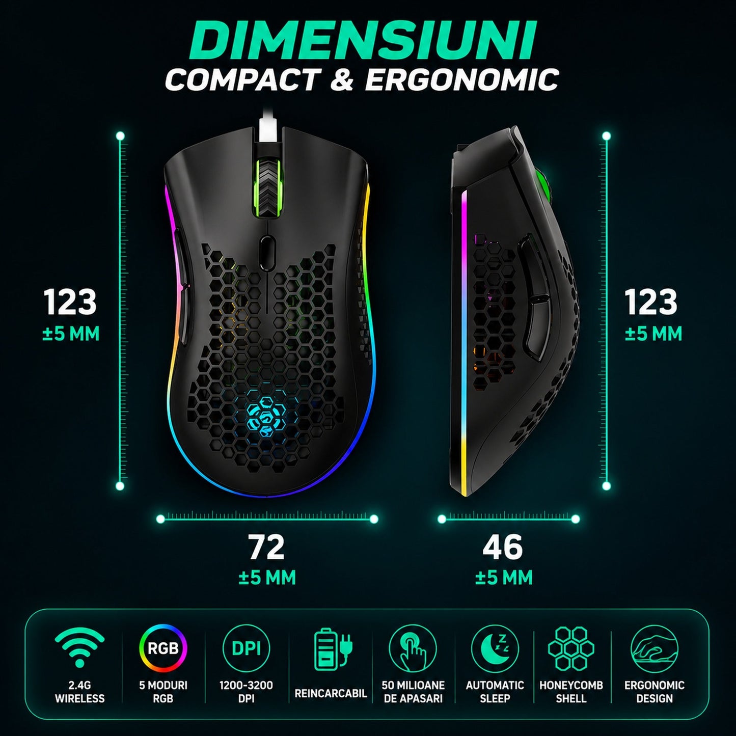 Mouse gaming wireless Timebox, ultrausor 95g, FastCharge, USB, 4 GHz, Negru