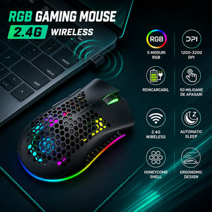 Mouse gaming wireless Timebox, ultrausor 95g, FastCharge, USB, 4 GHz, Negru