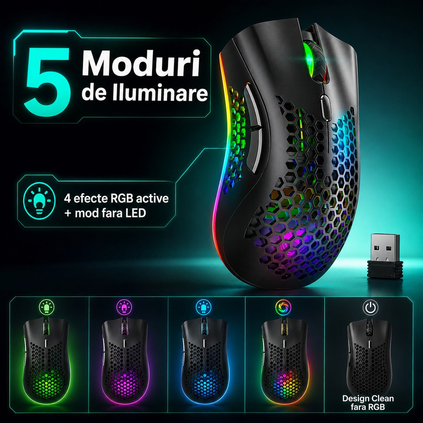 Mouse gaming wireless Timebox, ultrausor 95g, FastCharge, USB, 4 GHz, Negru