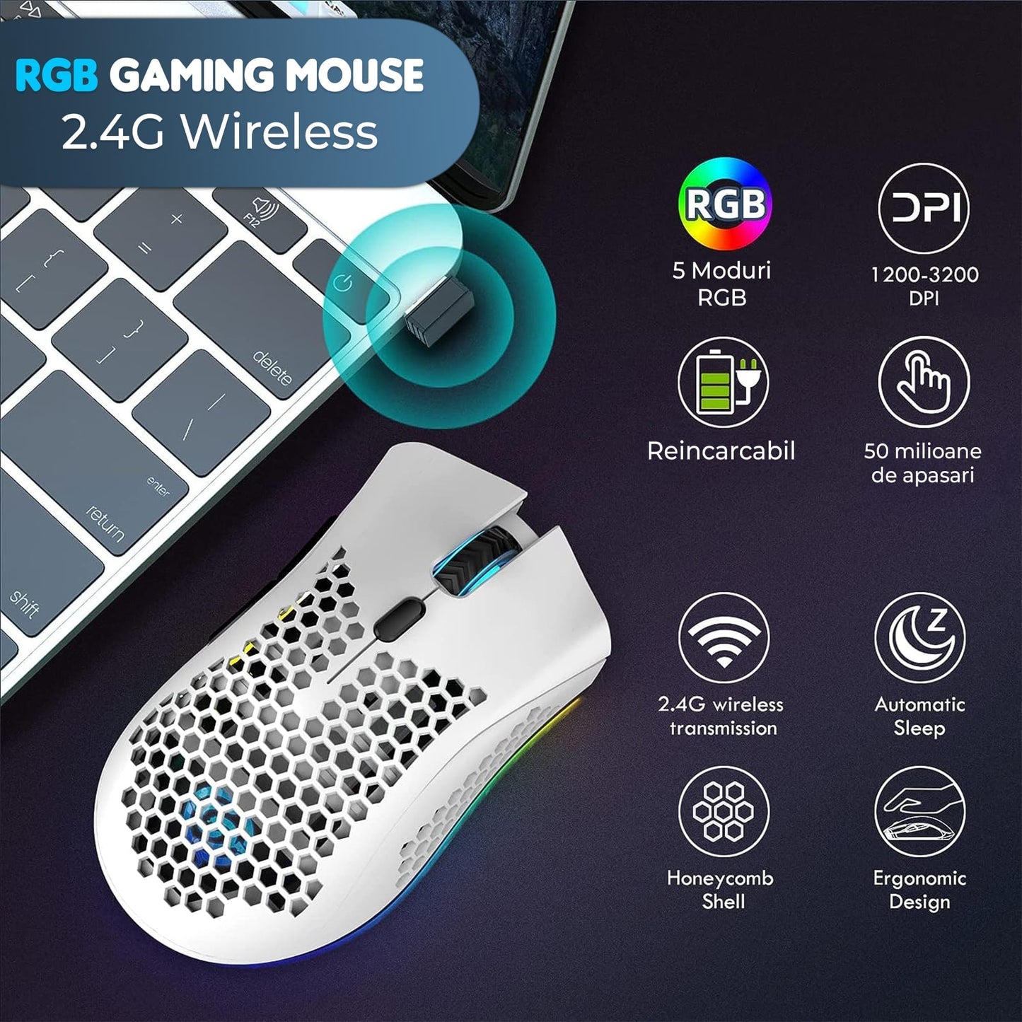 Mouse gaming wireless Timebox, ultrausor 95g, FastCharge, USB, 4 GHz, Alb