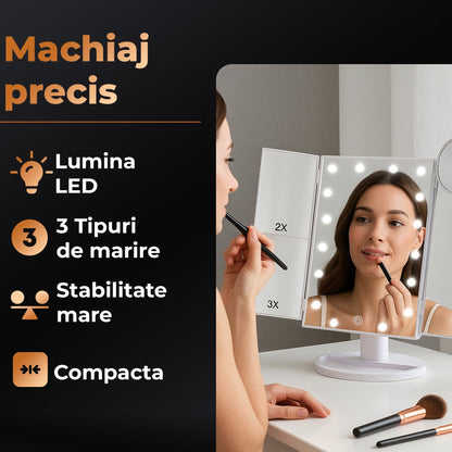 Oglinda Cosmetica cu Iluminare LED, 2X, 3X si 10X Marire, Alimentare USB sau Baterii