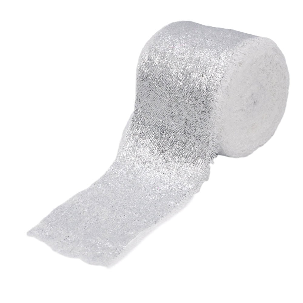 Panglică textil strălucitoare cu margini nefinisate - alb - 4cm x 5m