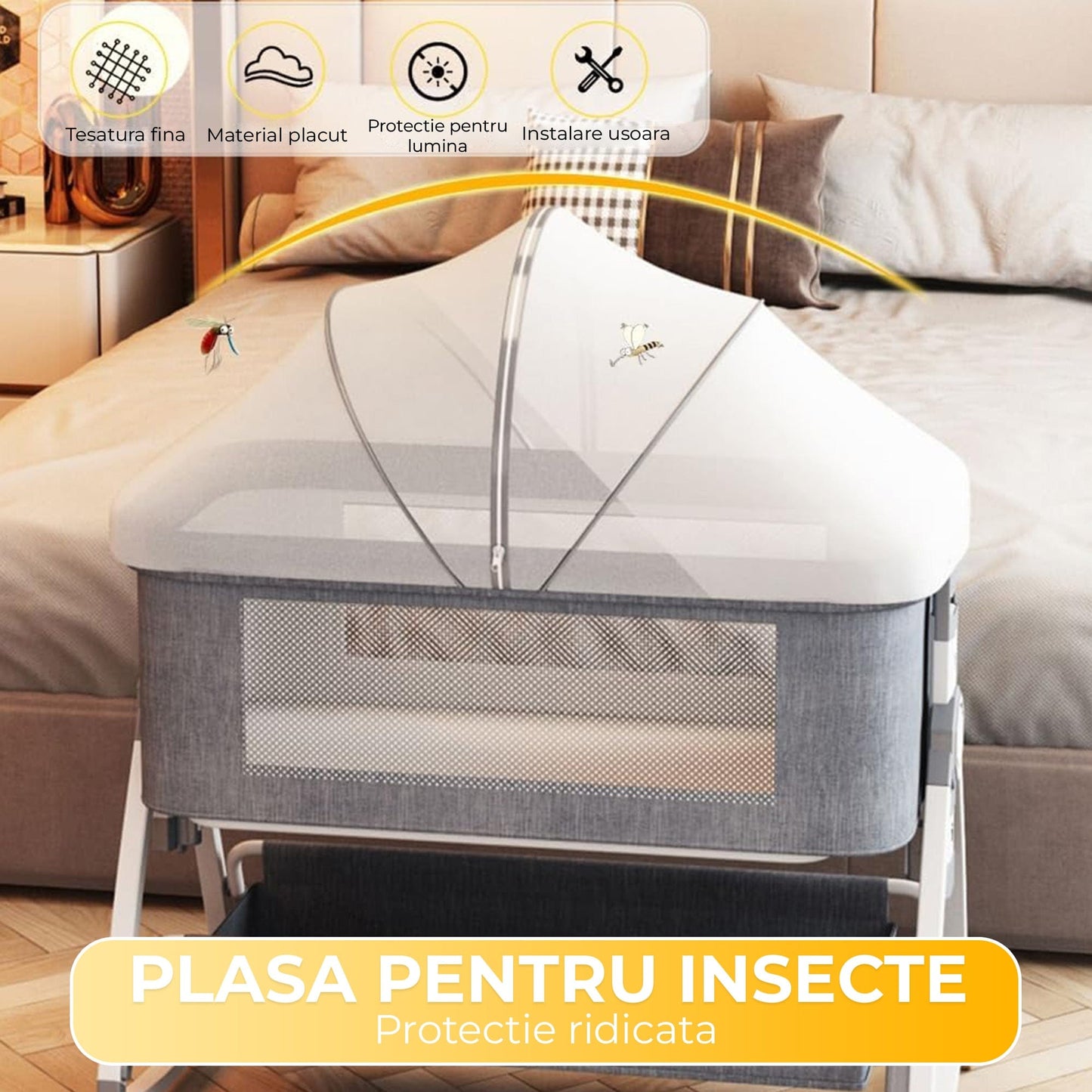 Patut Portabil pentru Bebelusi, Roti, Reglabil pe 6 Inaltimi, Gri