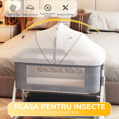 Patut Portabil pentru Bebelusi, Roti, Reglabil pe 6 Inaltimi, Gri