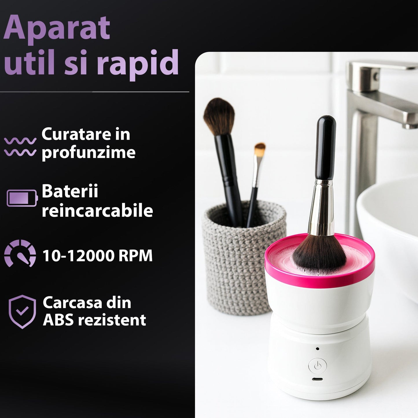 Aparat Electric de Curatare pentru Pensule de Machiaj - Reincarcabil USB, Alb