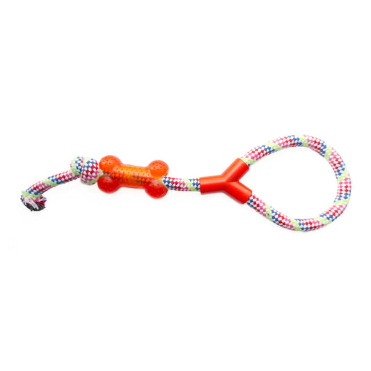 Jucărie de ros pentru câini din sfoară si cauciuc, os cu mâner, 40cm