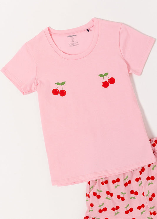 Pijama Copii Alice Bumbac – Fete, Roz, Mâneci Scurte