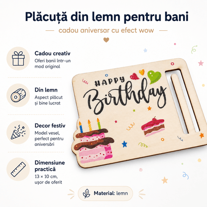 Plăcuță din lemn pentru bani Happy Birthday
