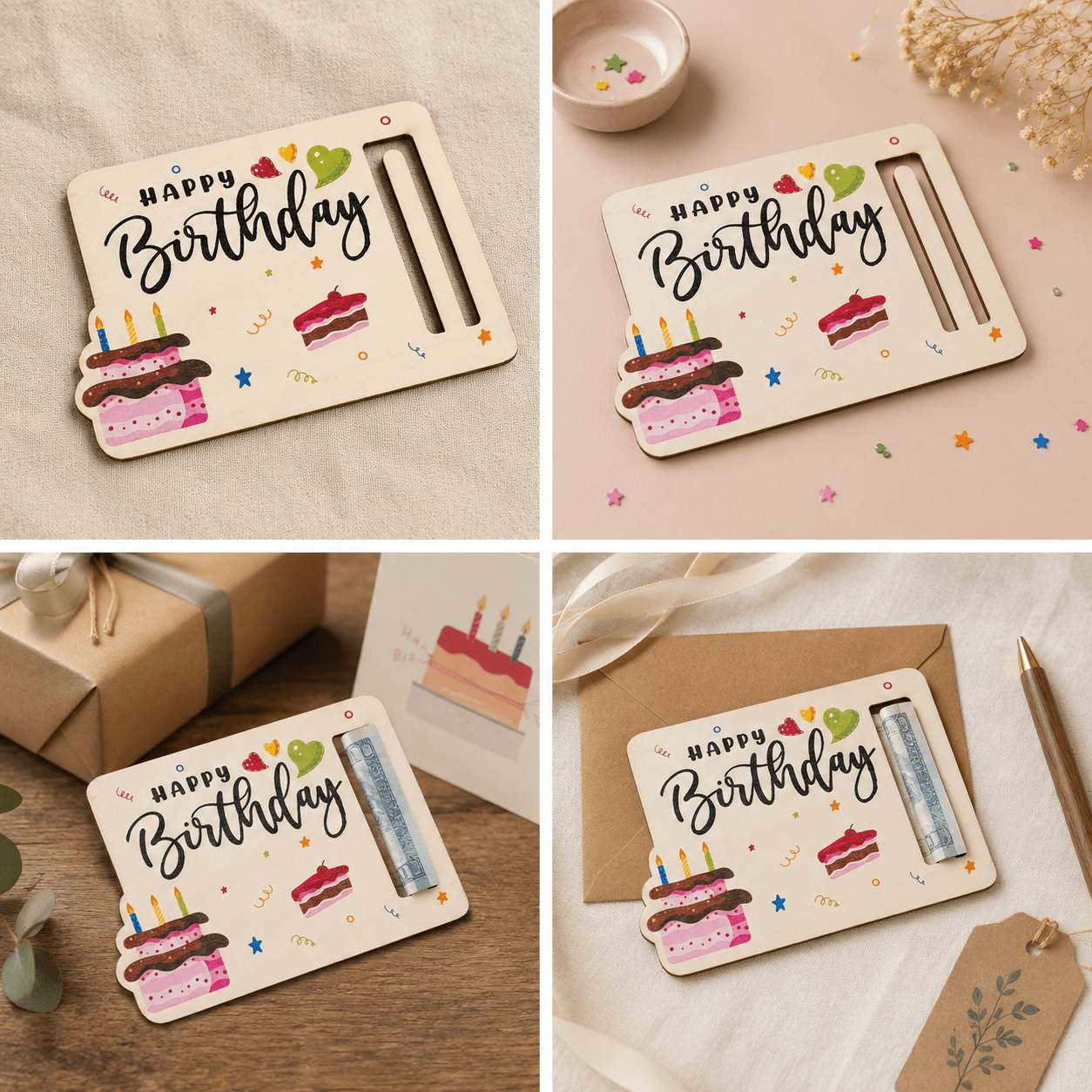 Plăcuță din lemn pentru bani Happy Birthday