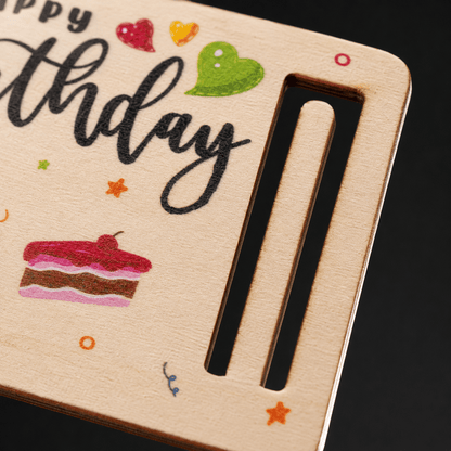Plăcuță din lemn pentru bani Happy Birthday