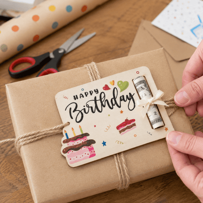 Plăcuță din lemn pentru bani Happy Birthday