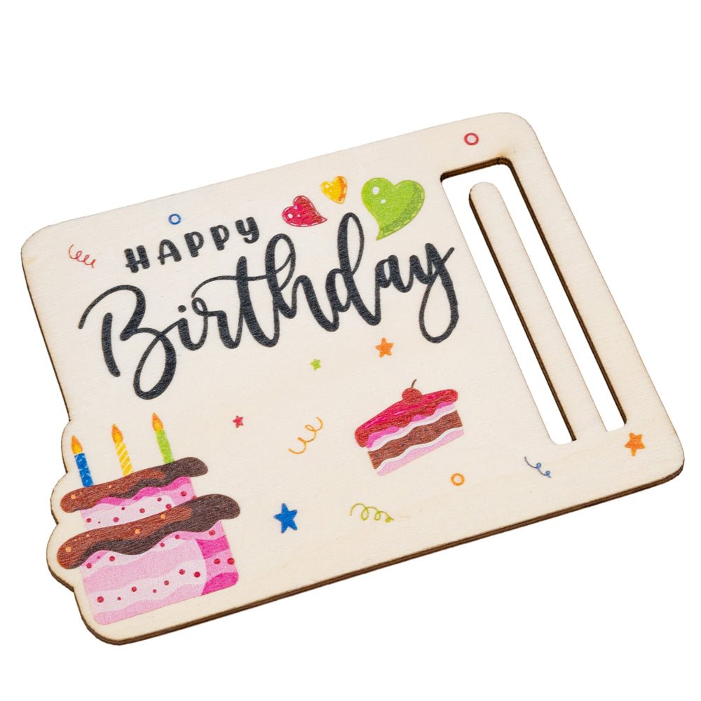 Plăcuță din lemn pentru bani Happy Birthday