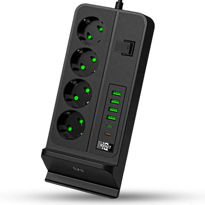 Priza Timebox, standard cu comutator 3000W, 4 x USB, 2 x Type-C, 4 prize, Negru