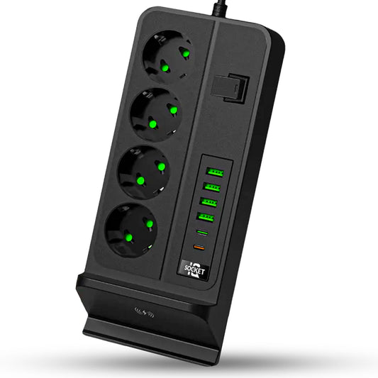 Priza Timebox, standard cu comutator 3000W, 4 x USB, 2 x Type-C, 4 prize, Negru
