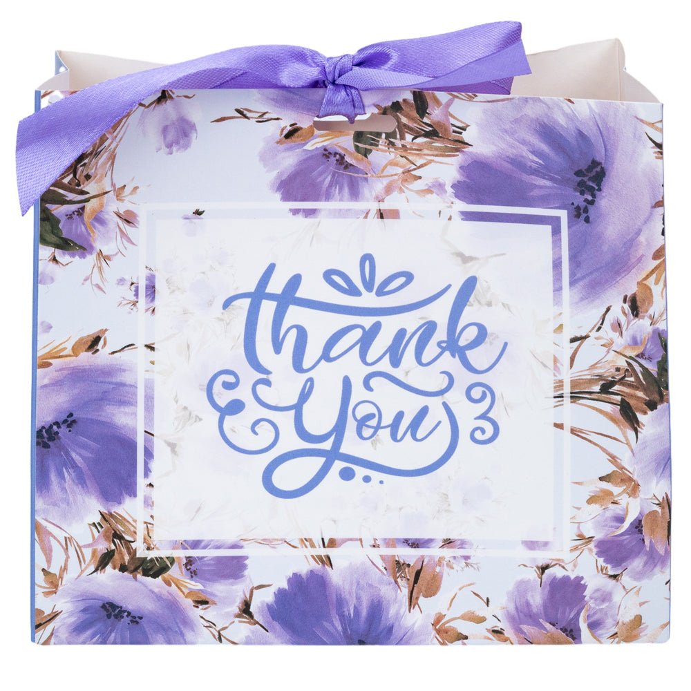Pungă dreptunghiulară din hârtie Thank you cu model floral și panglică - mov (set 12 buc) - 16x14x7cm