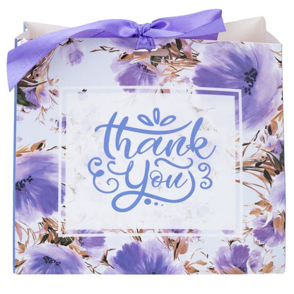 Pungă dreptunghiulară din hârtie Thank you cu model floral și panglică - mov (set 12 buc) - 16x14x7cm