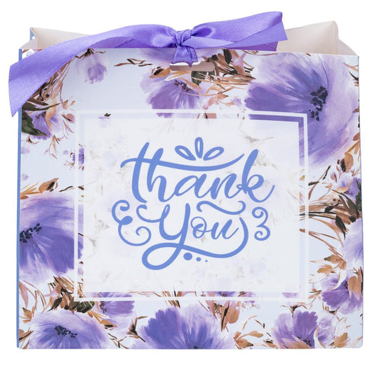Pungă dreptunghiulară din hârtie Thank you cu model floral și panglică - mov (set 12 buc) - 16x14x7cm