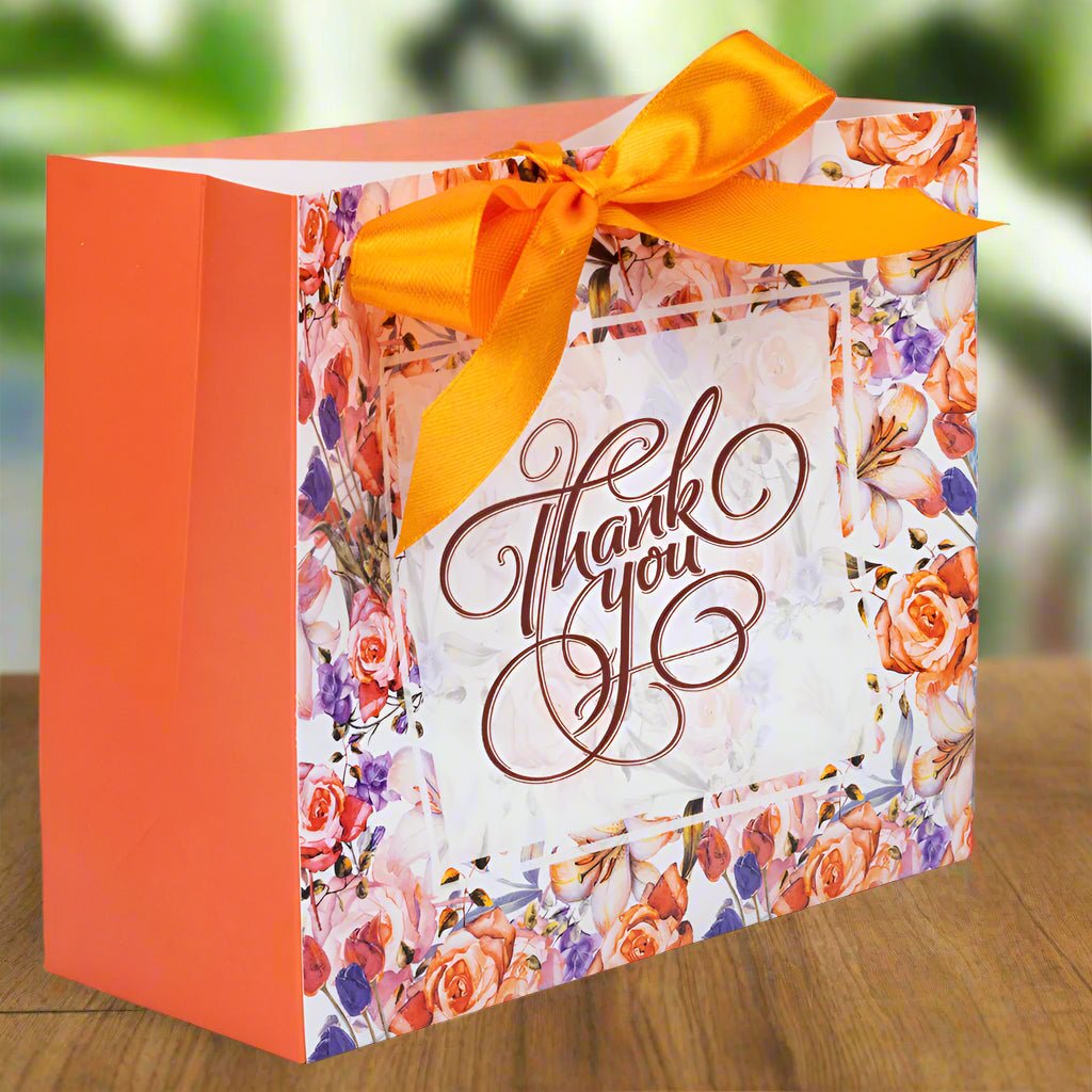 Pungă dreptunghiulară din hârtie Thank you cu model floral și panglică - portocaliu (set 12 buc) - 16x14x7cm