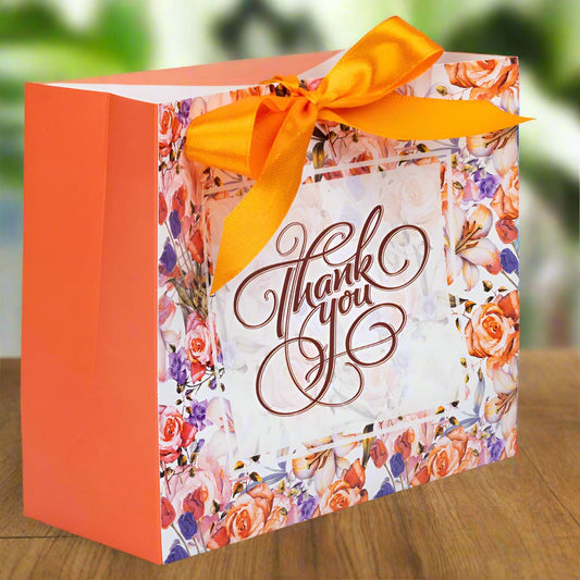 Pungă dreptunghiulară din hârtie Thank you cu model floral și panglică - portocaliu (set 12 buc) - 16x14x7cm