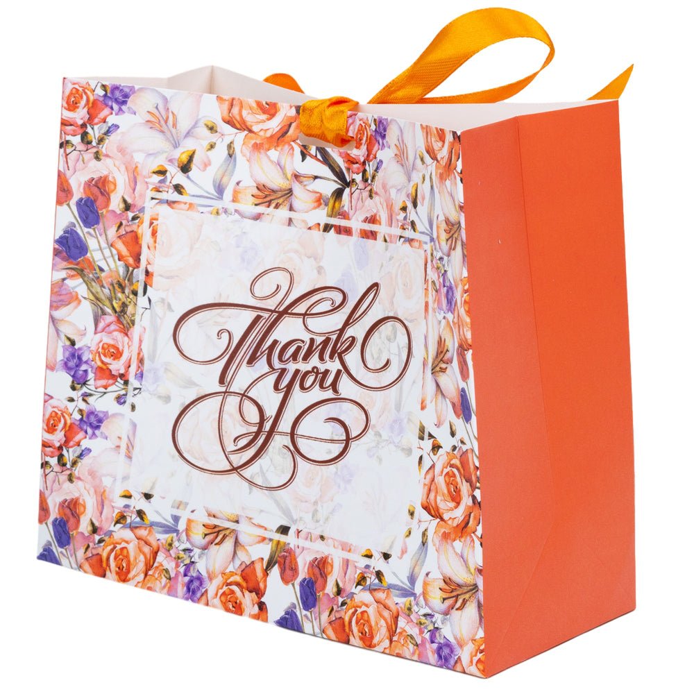 Pungă dreptunghiulară din hârtie Thank you cu model floral și panglică - portocaliu (set 12 buc) - 16x14x7cm
