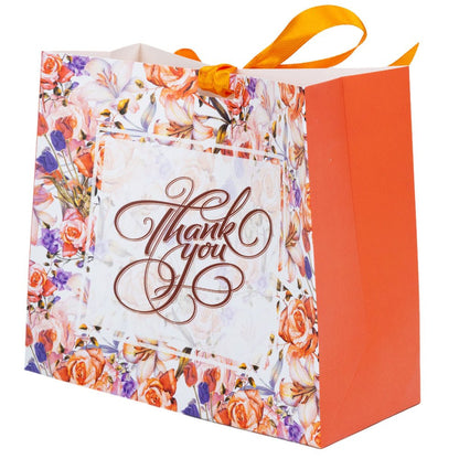 Pungă dreptunghiulară din hârtie Thank you cu model floral și panglică - portocaliu (set 12 buc) - 16x14x7cm