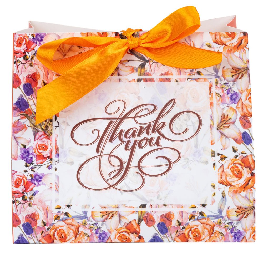Pungă dreptunghiulară din hârtie Thank you cu model floral și panglică - portocaliu (set 12 buc) - 16x14x7cm