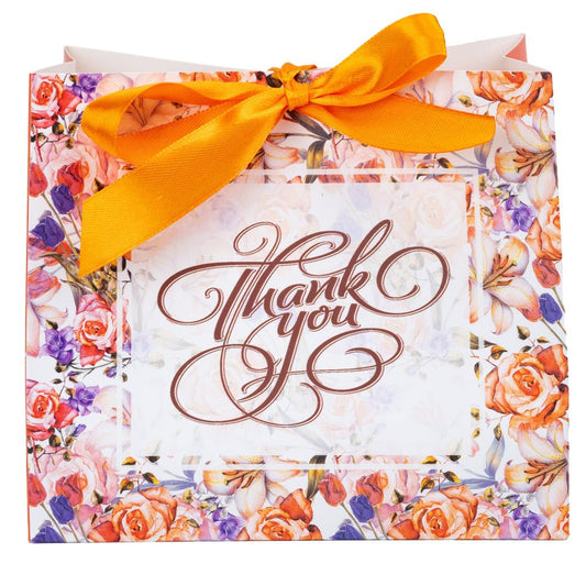 Pungă dreptunghiulară din hârtie Thank you cu model floral și panglică - portocaliu (set 12 buc) - 16x14x7cm