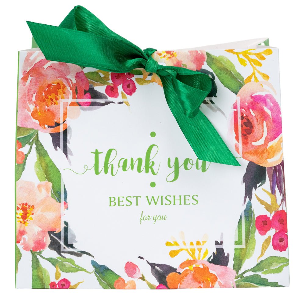 Pungă dreptunghiulară din hârtie Thank you cu model floral și panglică - verde (set 12 buc) - 16x14x7cm