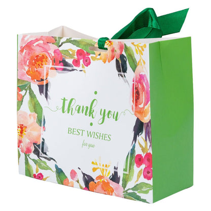 Pungă dreptunghiulară din hârtie Thank you cu model floral și panglică - verde (set 12 buc) - 16x14x7cm