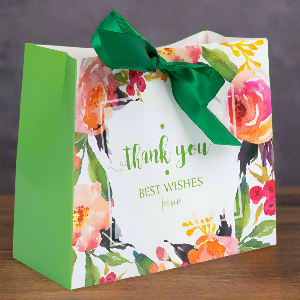 Pungă dreptunghiulară din hârtie Thank you cu model floral și panglică - verde (set 12 buc) - 16x14x7cm